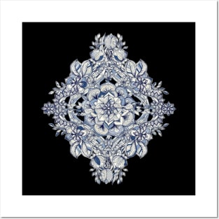 Floral Diamond Doodle in Dark Blue and Cream Posters and Art